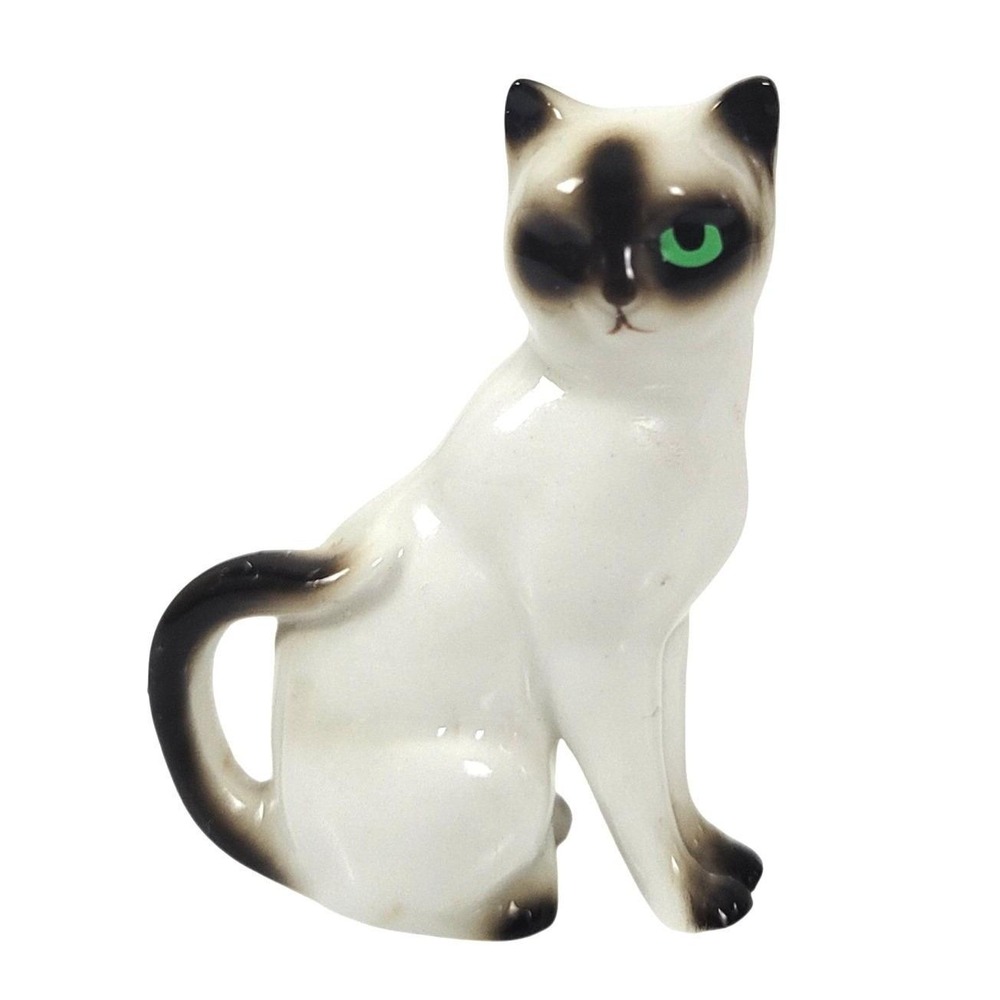 Vintage Winking Siamese Cat 2" Figurine Green Eye Mid-Century Hagen-Renaker Like